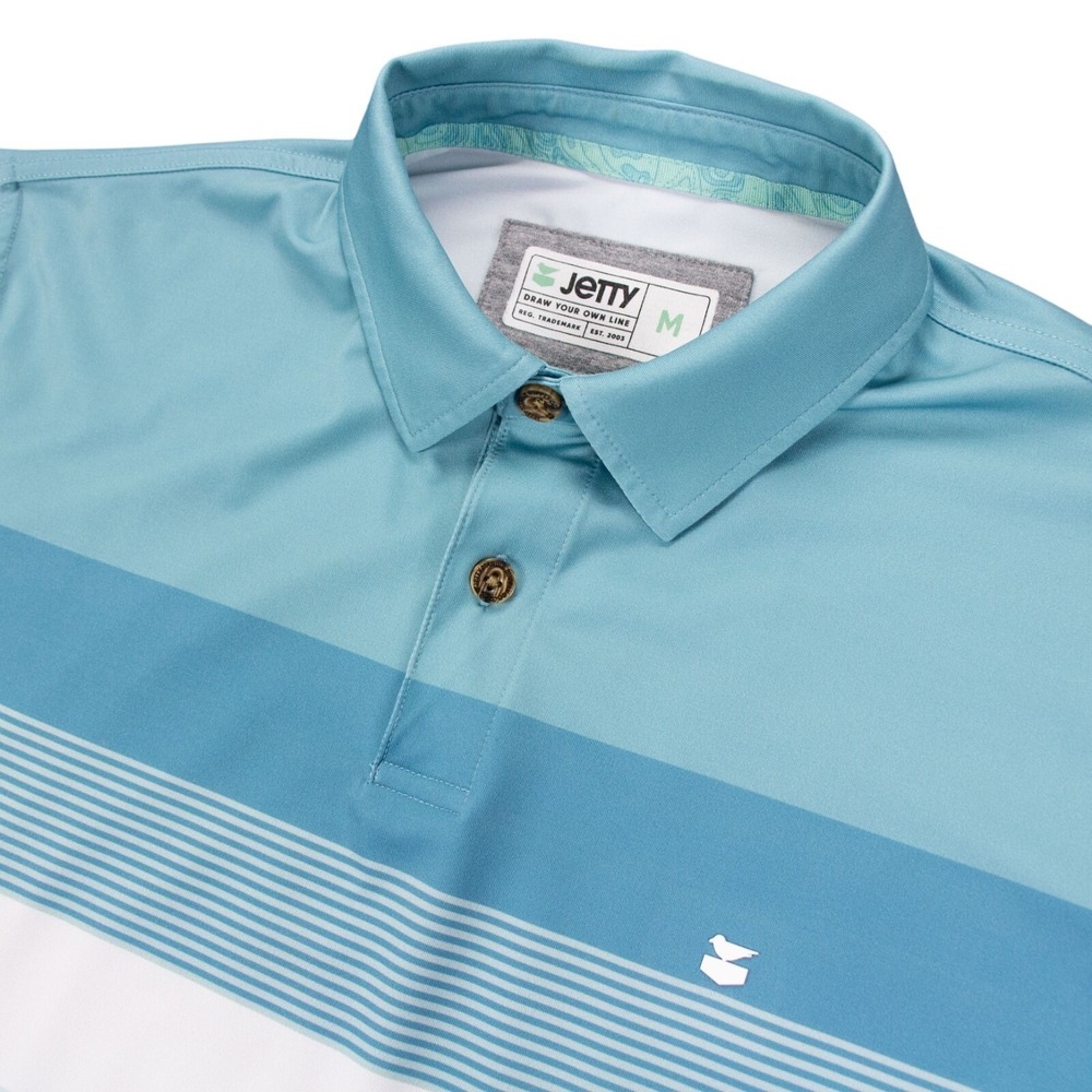 Jetty Bunker‎ Polo Shirt Mens M Blue Striped Golf Surf Performance Stretch